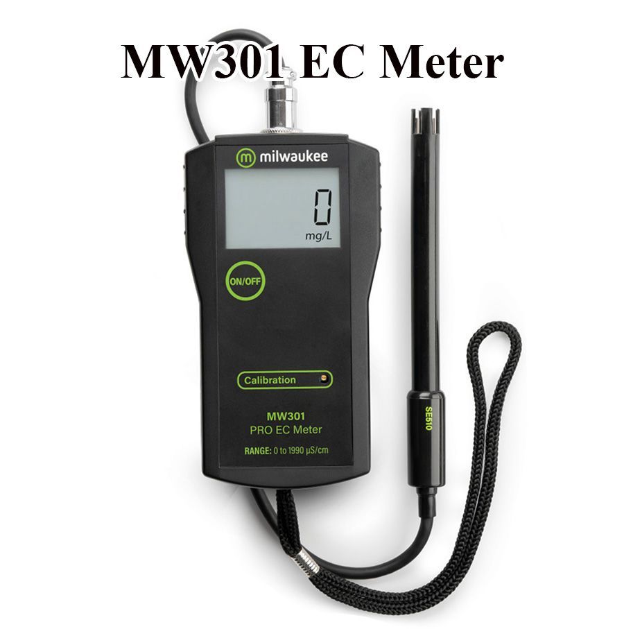 Black Milwaukee MW301 EC meter with attached probe, display showing