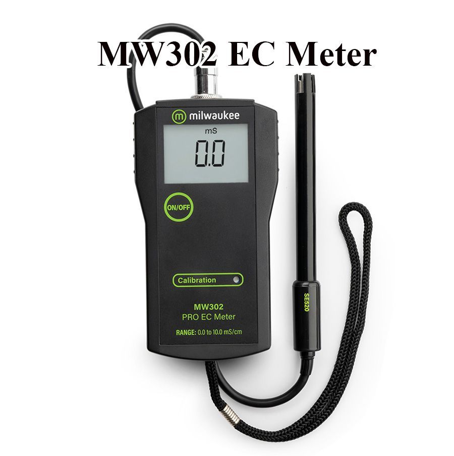 Black Milwaukee MW302 EC meter with digital display, probe, and cord.