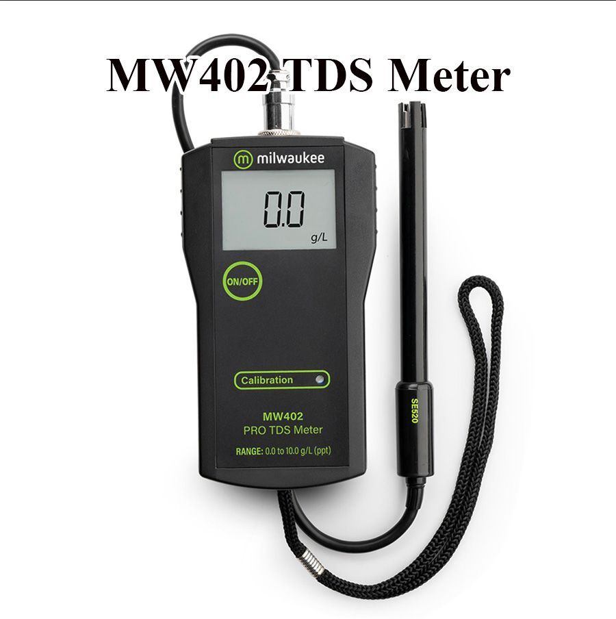 MW402 TDS meter, black handheld device with digital display showing 0.0, and attached probe.