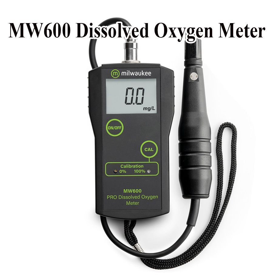 Milwaukee MW600 Dissolved Oxygen Meter. A black handheld device with digital display, connected to a probe.