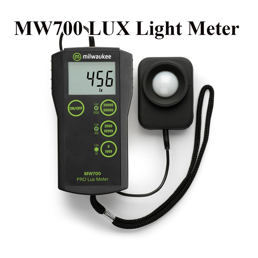 MW700 LUX light meter displaying 456 lux. Black device with connected sensor and strap.