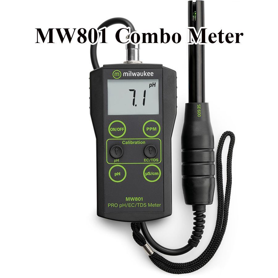MW801 Combo Meter: Black handheld pH/TDS meter with digital display. Includes probe, cord, and calibration buttons.