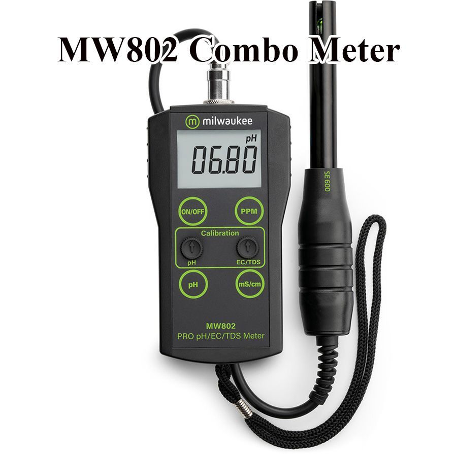 MW802 Combo Meter: Digital pH/TDS meter with a black body, green buttons, and a digital display showing