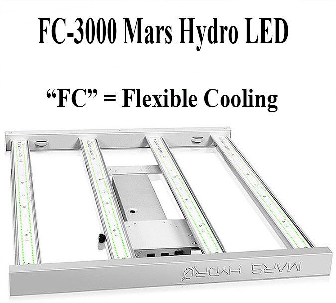 FC-3000 Mars Hydro LED grow light with flexible cooling. Gray frame, multiple light bars with LED diodes.