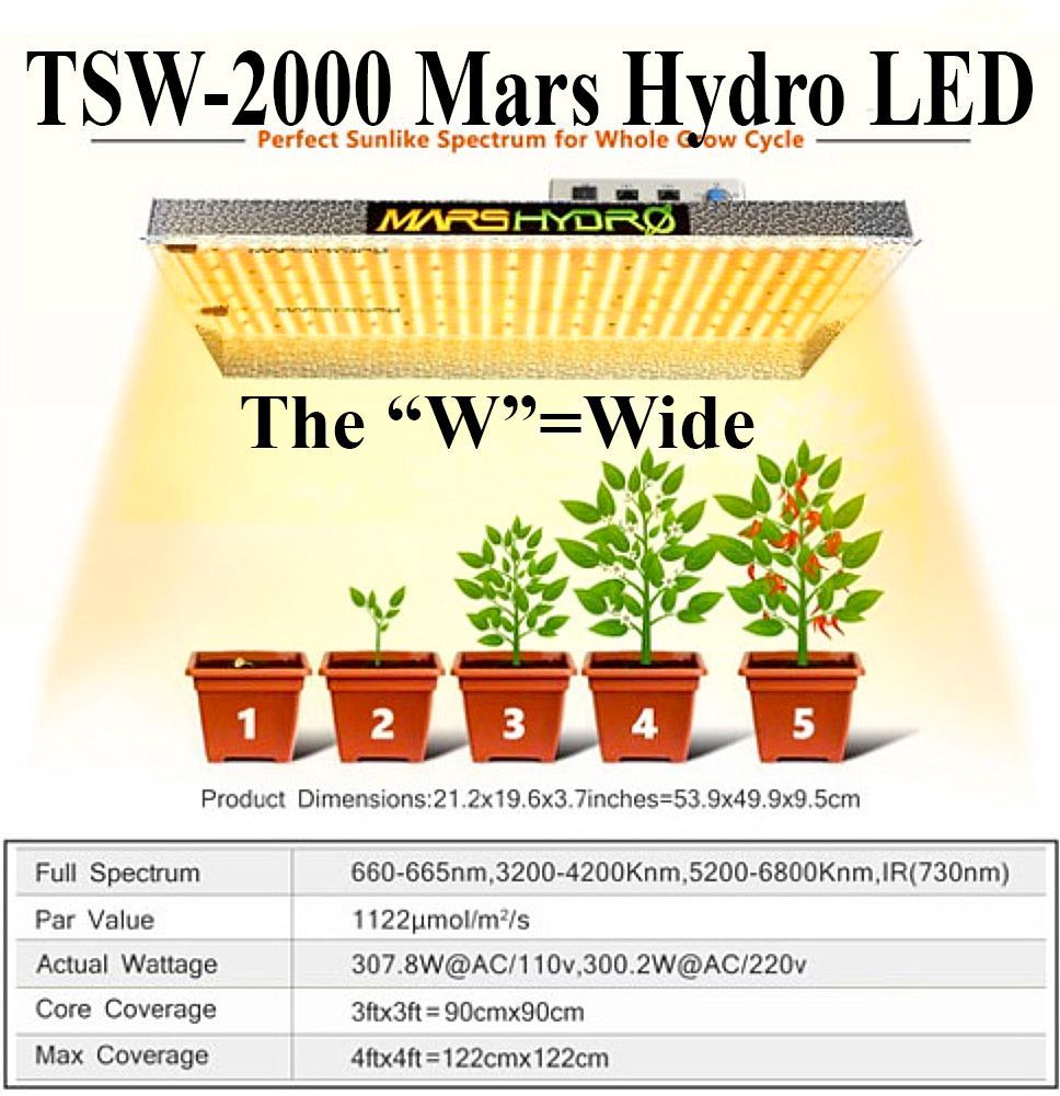 LED grow light with plants at different growth stages, and a product specification chart.