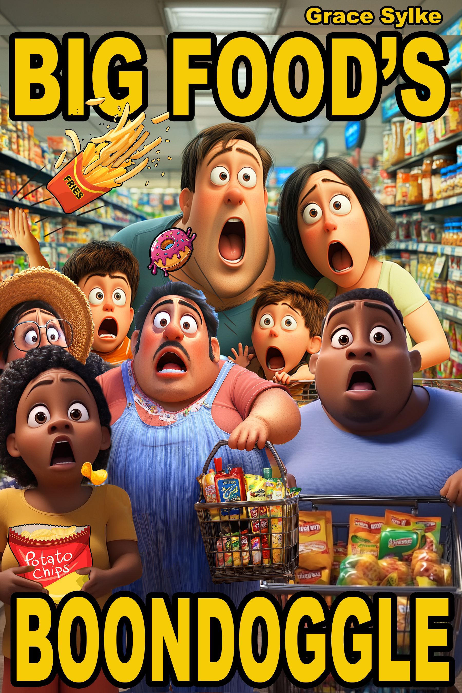 Animated family shopping in grocery store, all with shocked expressions.