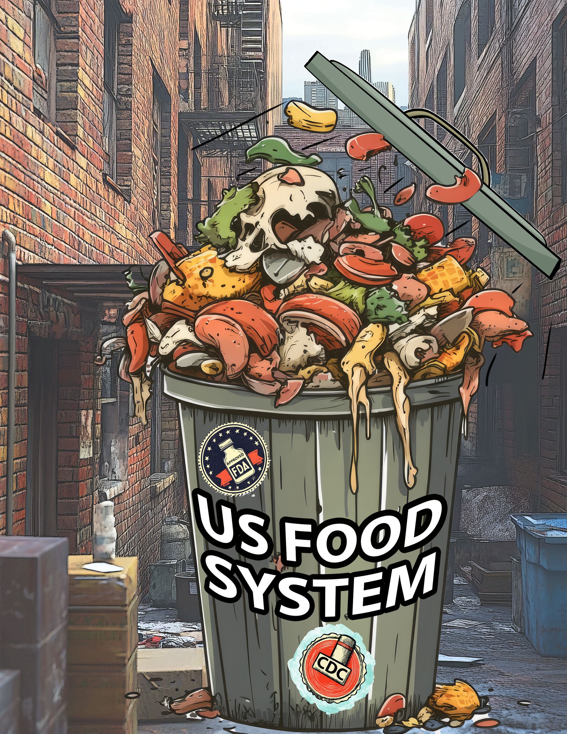 Overflowing trash can labeled