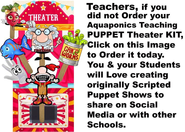 Puppet theater kit advertisement. Colorful cartoon characters on stage, text encourages teachers to order.