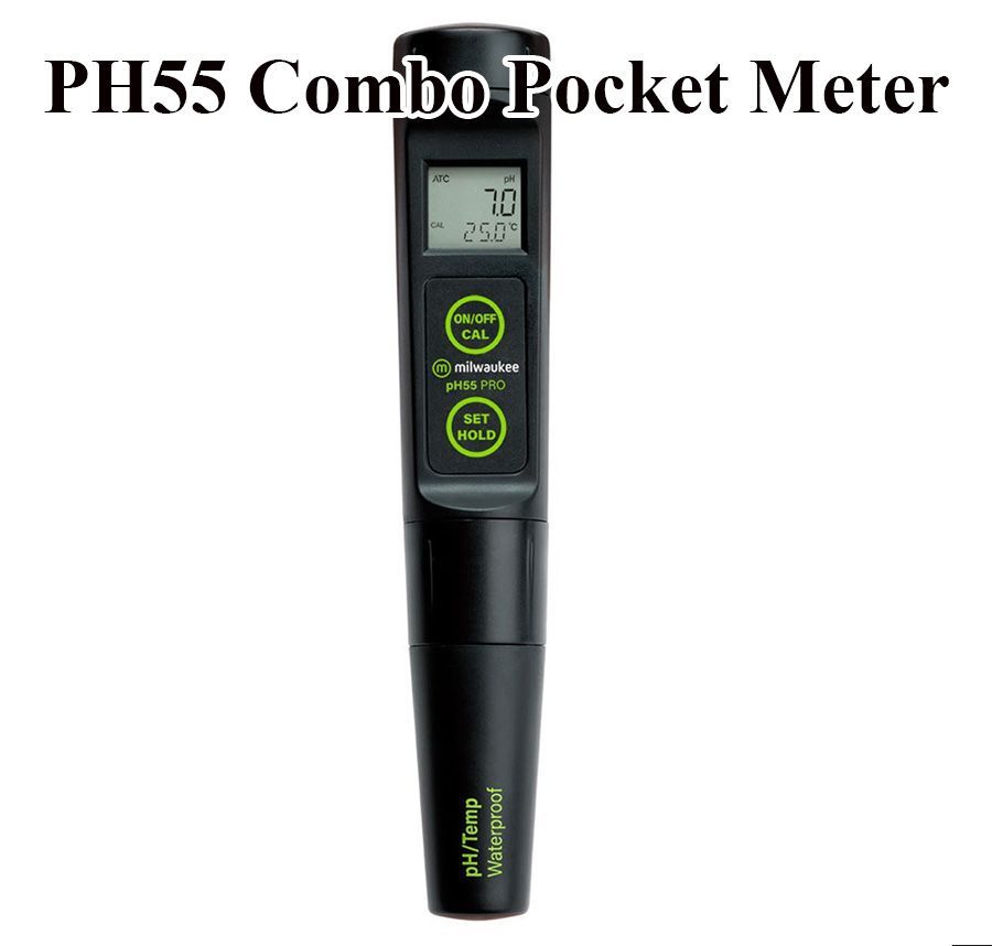 PH55 Combo Pocket Meter, black handheld device with digital display showing 7.0 and 25.0, for measuring pH and temperature.