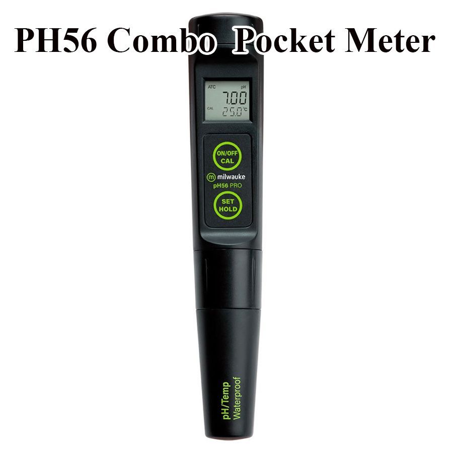 PH56 Combo Pocket Meter, black handheld device with LCD screen displaying 7.00 and 25.0, buttons, and a pointed end.