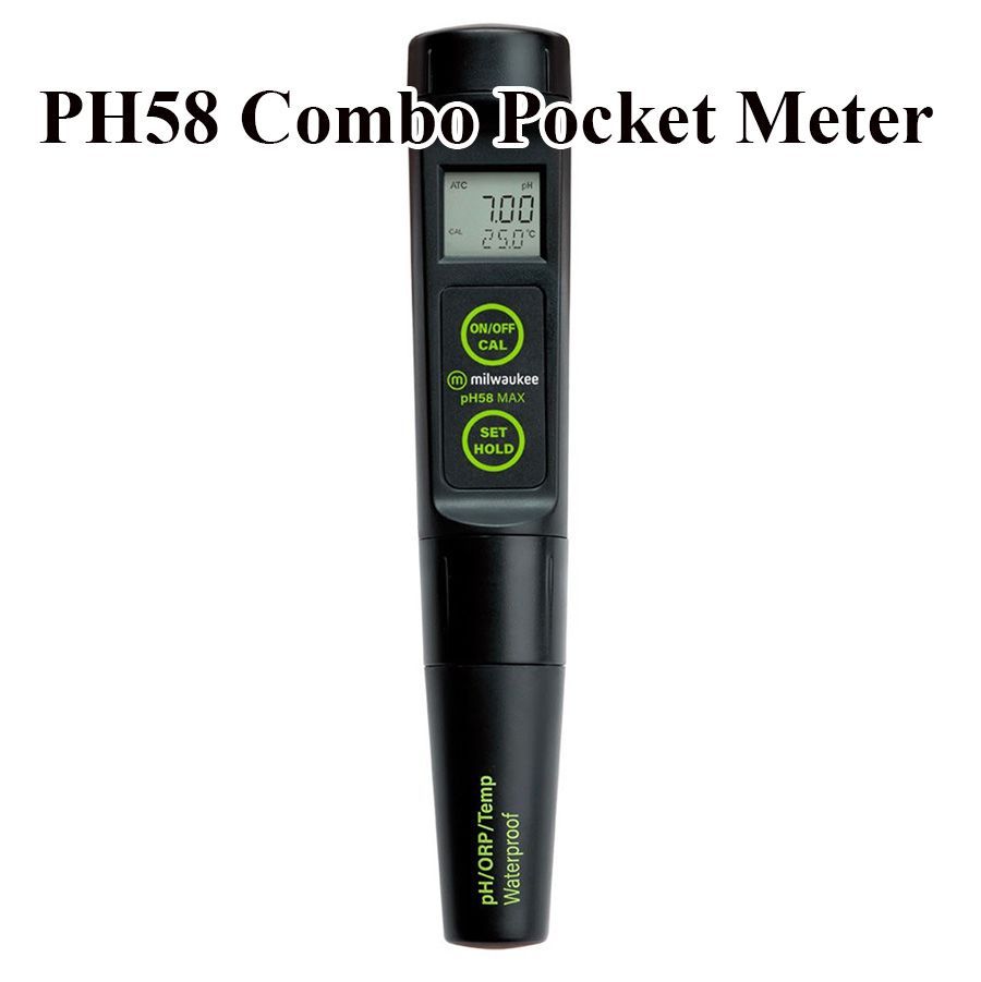 Black PH58 Combo Pocket Meter with LCD screen displaying 7.00 and 25.0, buttons, and a probe.