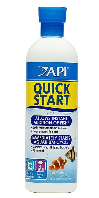 Bottle of API Quick Start aquarium additive, blue and white label.
