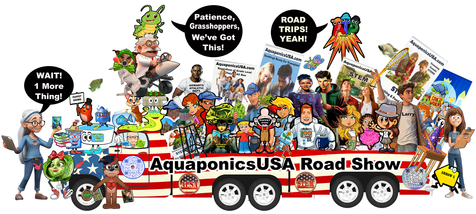 Aquaponics USA Road Show truck with cartoon characters and text bubbles.