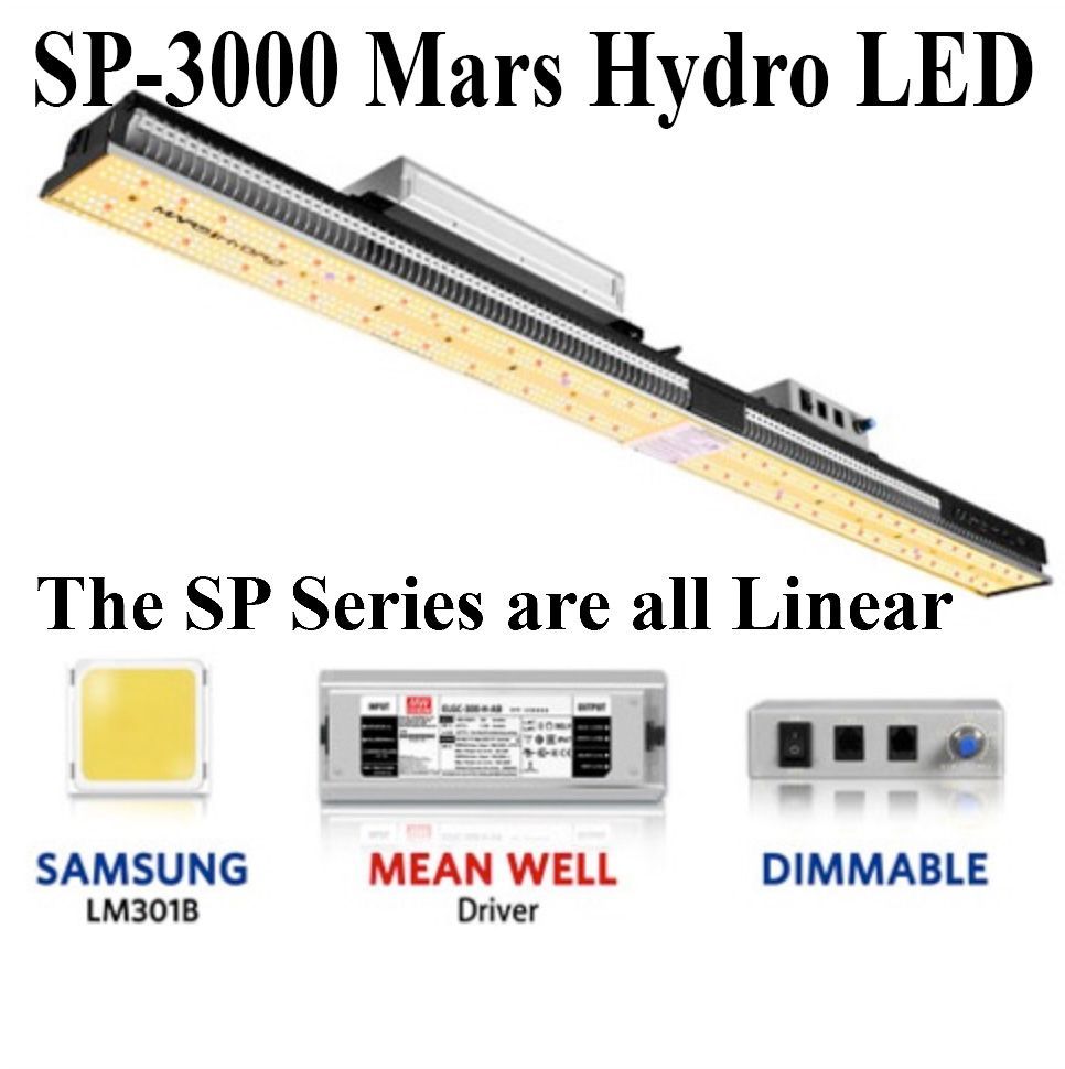 Mars Hydro SP-3000 LED grow light. Features: Samsung LM301B LED, Mean Well driver, dimmable. SP series is linear.