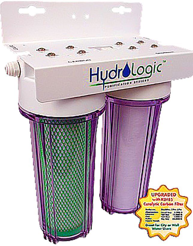 Water filter system by HydroLogic, white and purple, two transparent canisters with filter media.