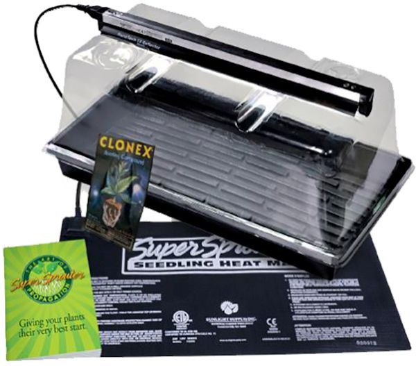 Seedling heat mat kit with light, black tray, Clonex bottle, and instructions.