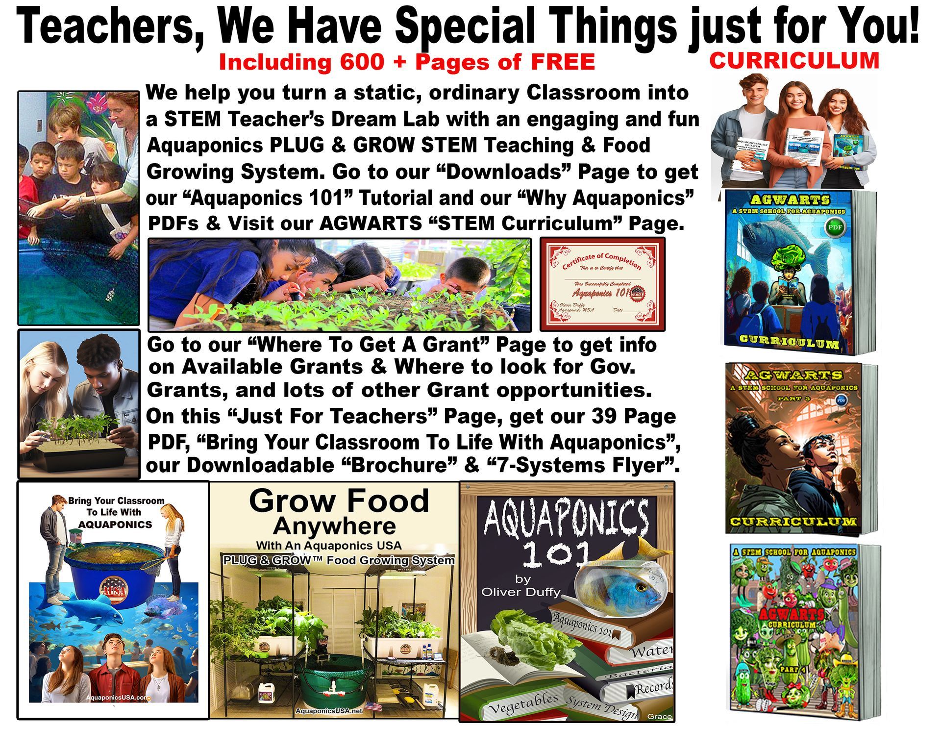 Promotional graphic for teachers about aquaponics, featuring resources like tutorials and grants.