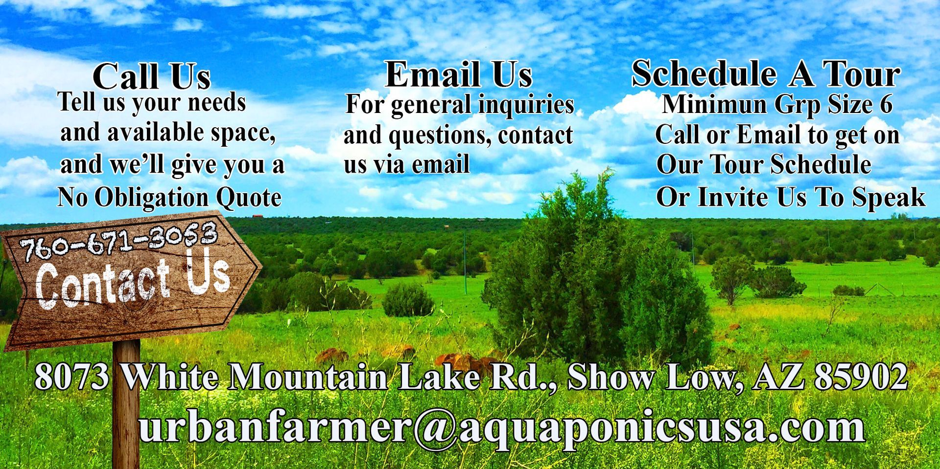 Contact information for urban farming: phone number, email, address, and tour information.