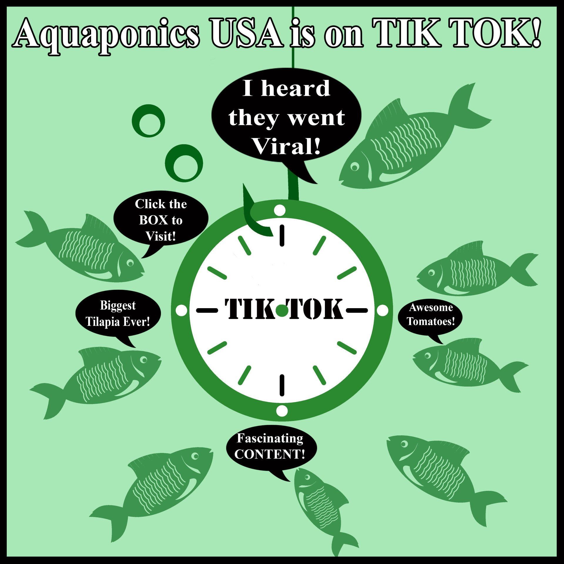 Aquaponics USA on TikTok: green design with fish around a clock, with bubbles and text bubbles.