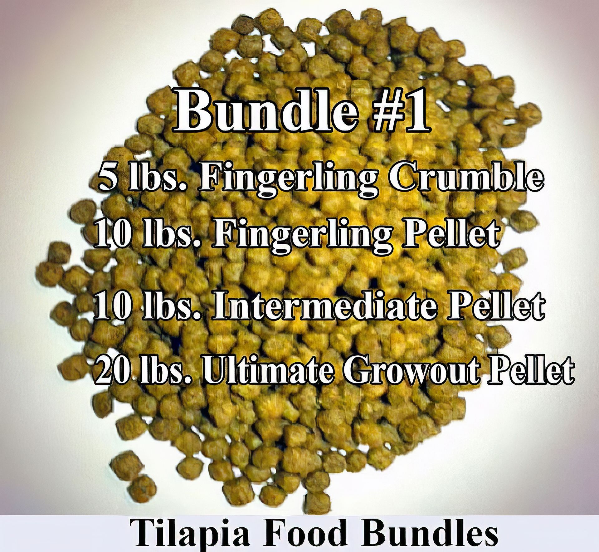 Bundle of Tilapia food: crumble, pellets for fingerlings, intermediate, and growout stages.