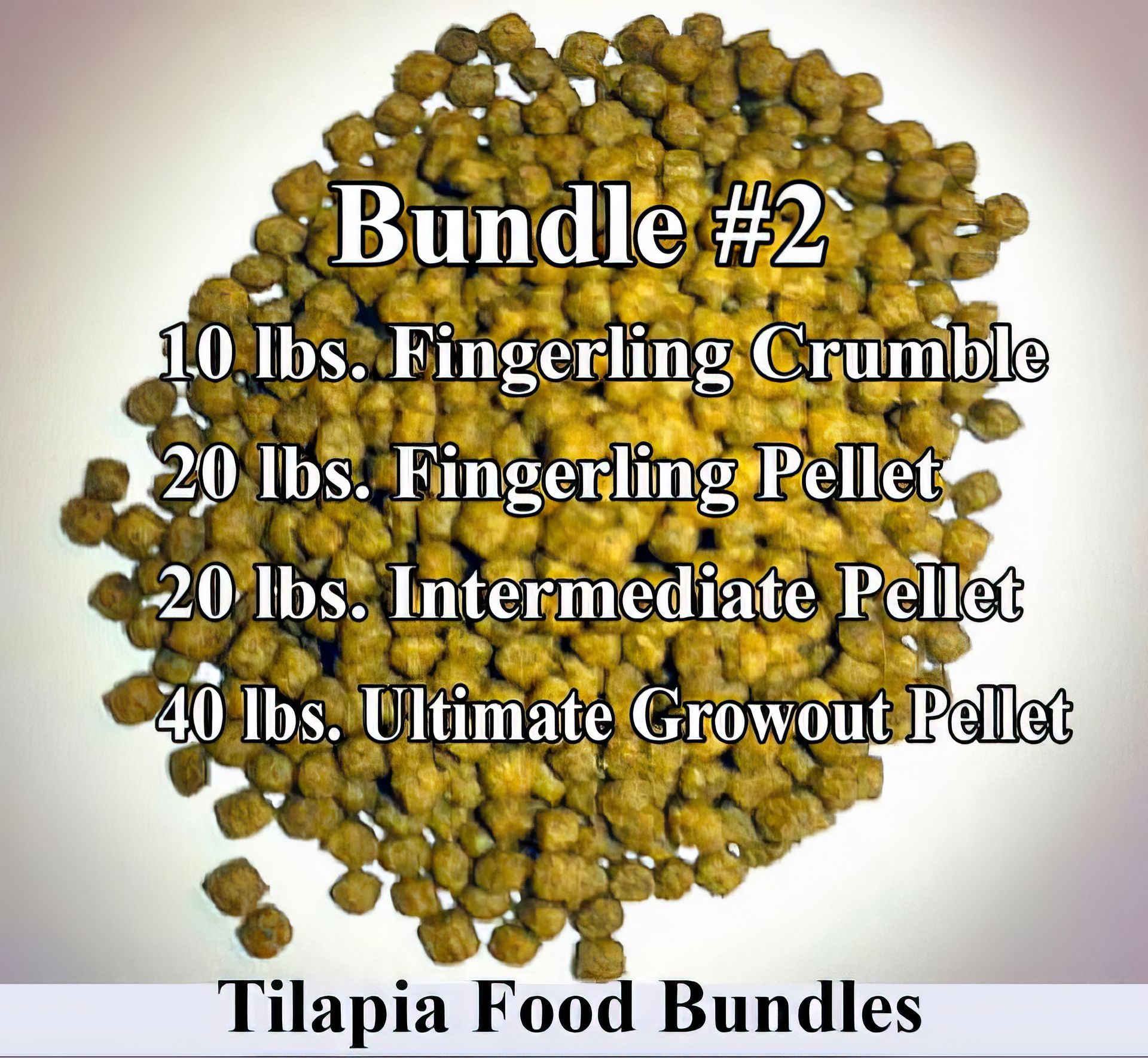 Tilapia food bundle with various pellet sizes and weights: 10, 20, 20, and 40 lbs.