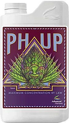 Bottle of pH Up liquid fertilizer, featuring a green plant illustration on a dark purple label.