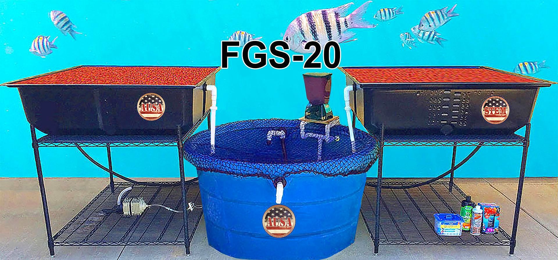 Aquaponics system with two black tubs, a blue tub, and red media. The system is against a blue background with fish.