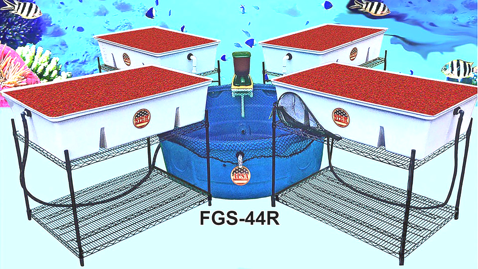 Aquaculture system with four white tubs on metal frames, connected to a central blue net tank, red tops.