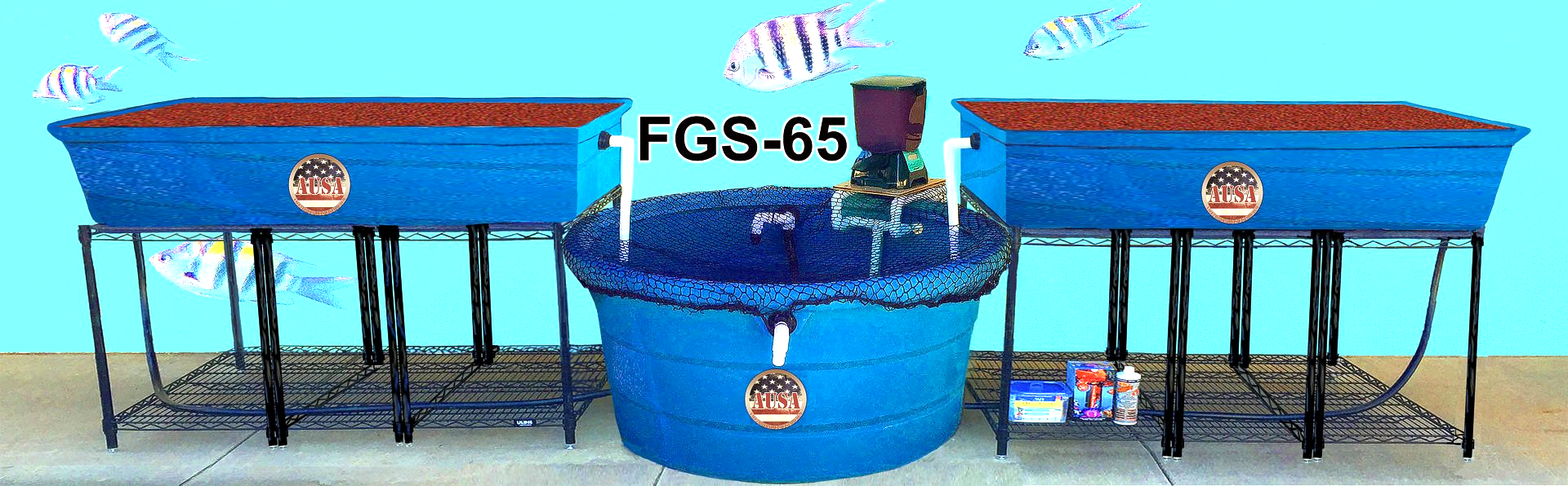 Aquaponics system with blue tanks, black stands, and fish on a light blue background.