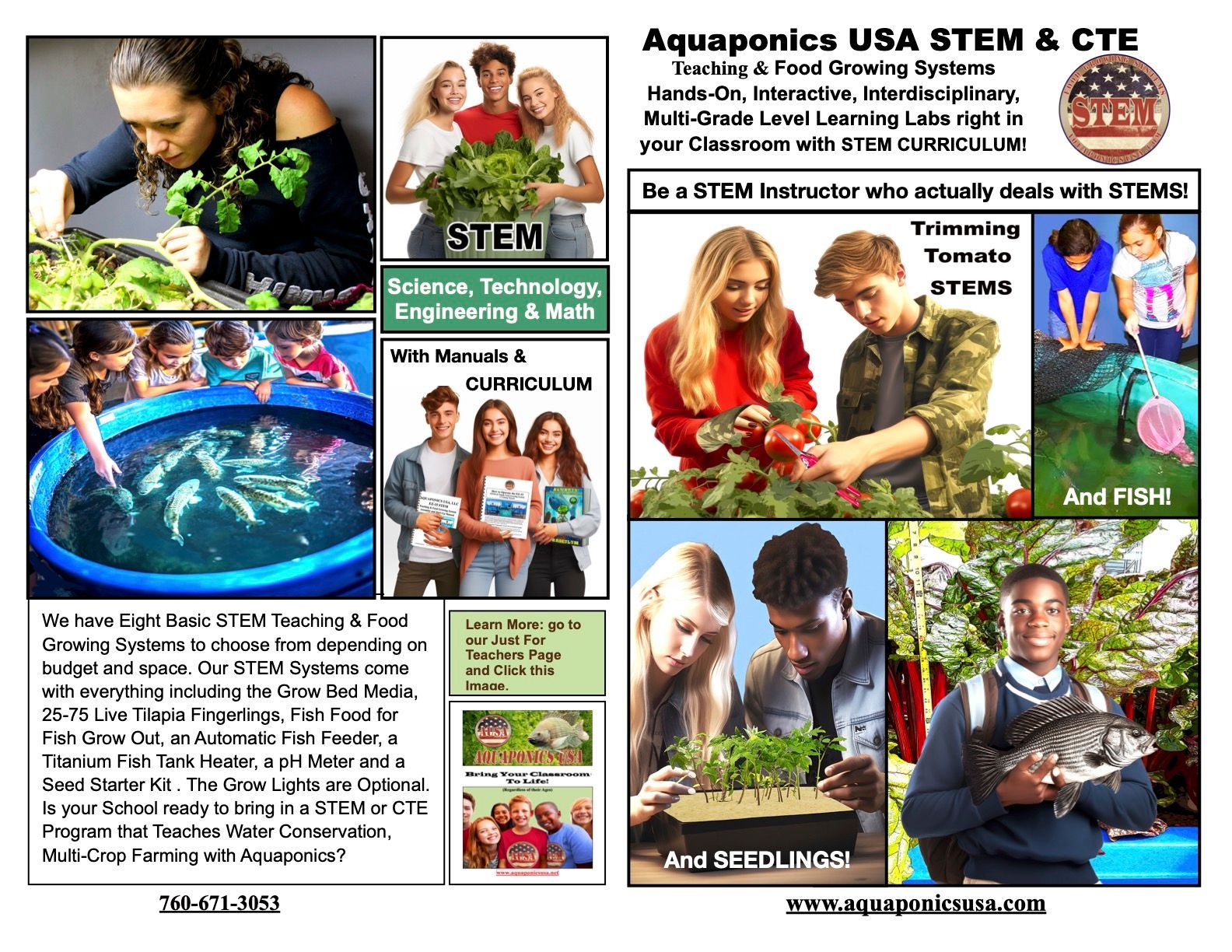 Aquaponics USA STEM & CTE flyer: farming, learning, students in greenhouse with plants, fish, and curriculum.