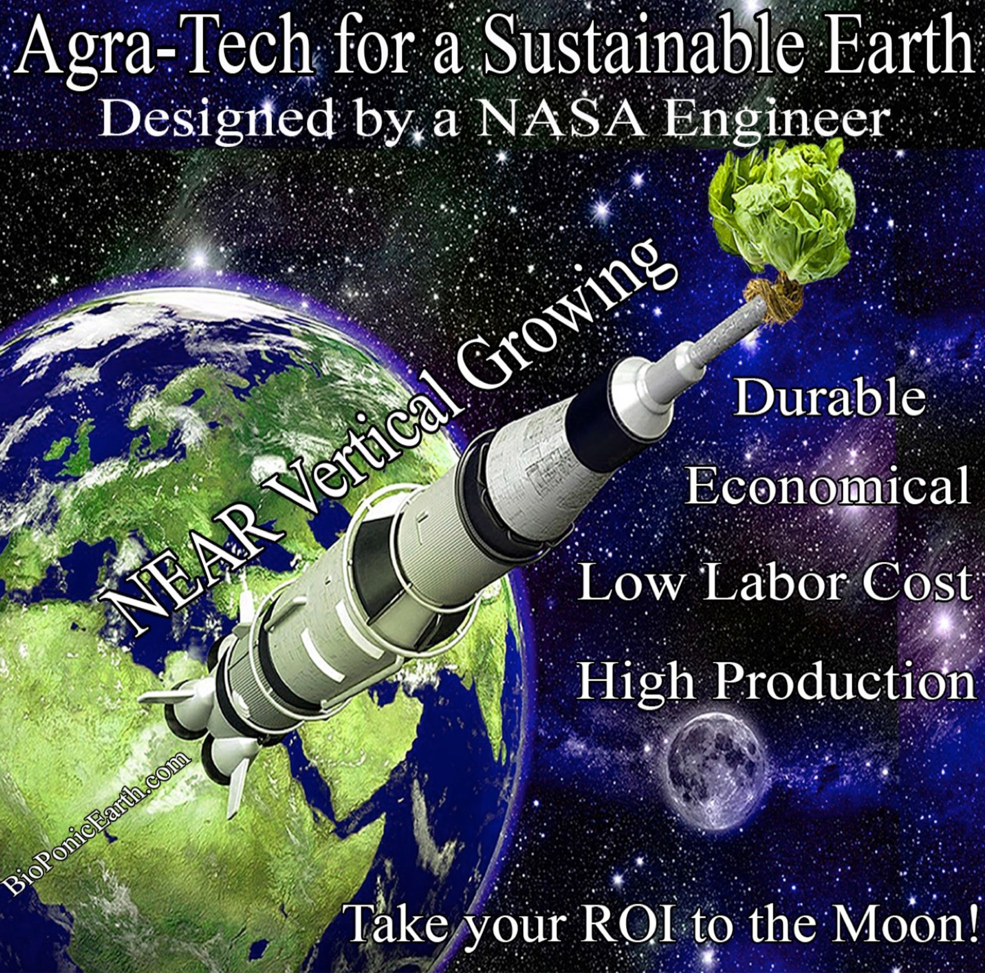An ad promoting Agra-Tech, showing a rocket with growing lettuce on Earth and the moon, with text about its benefits.