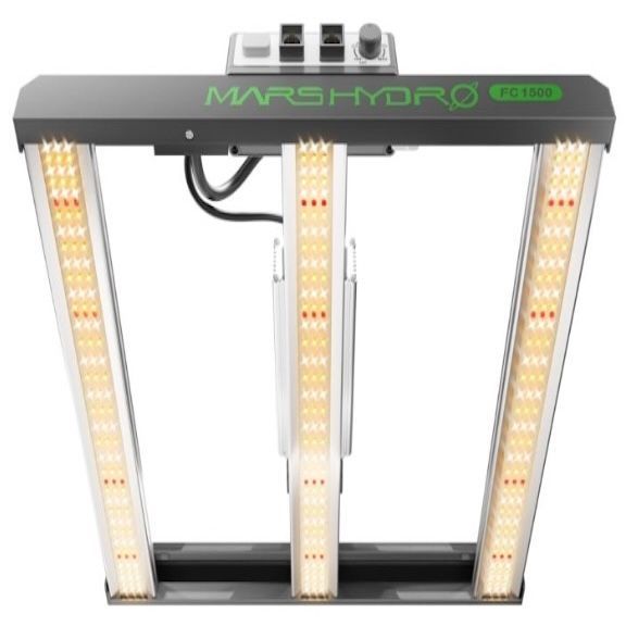 Mars Hydro FC3000 LED grow light, with three light panels and control panel on top.