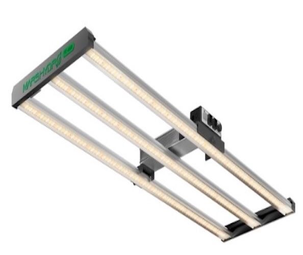 LED grow light fixture with three light bars, black and silver frame.