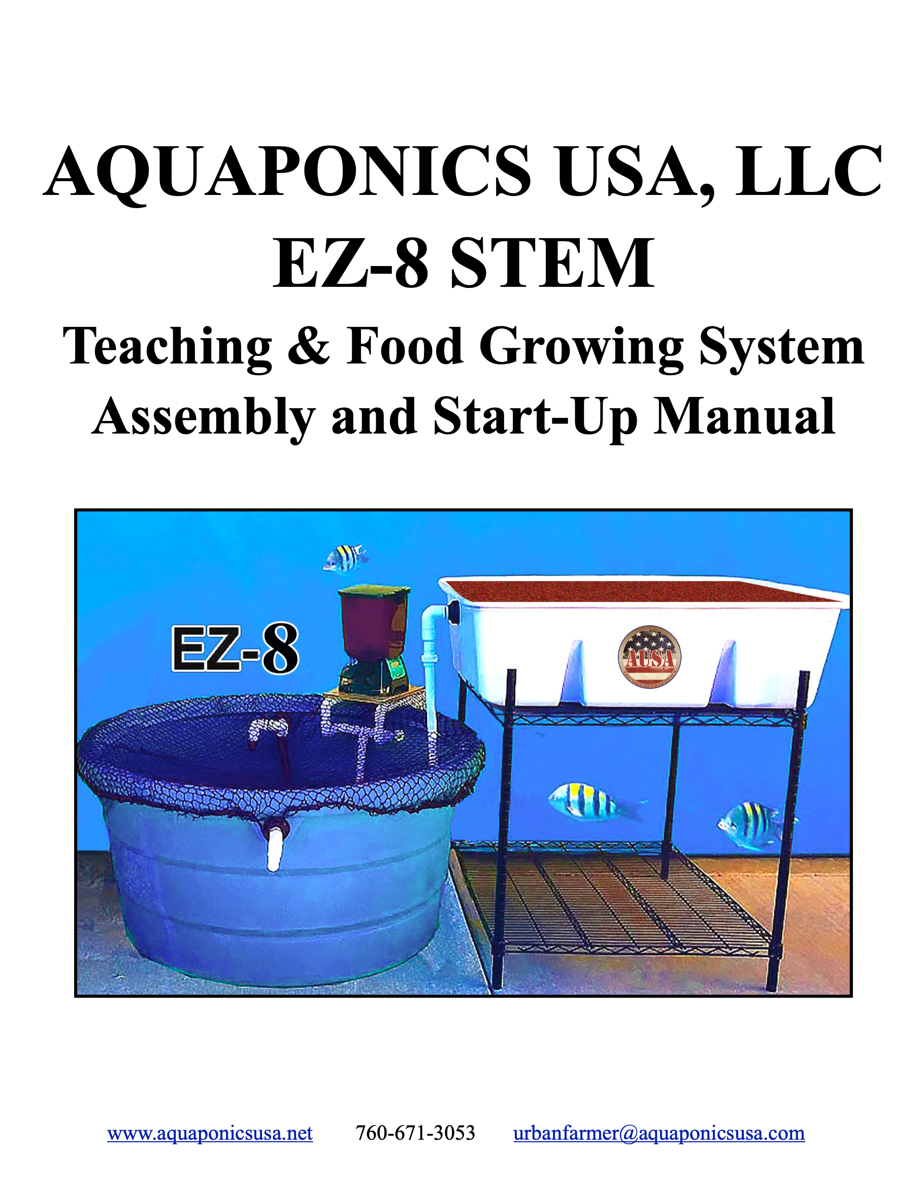 Cover of an aquaponics manual. It shows an aquaponics system with a fish tank, grow bed, and pump.