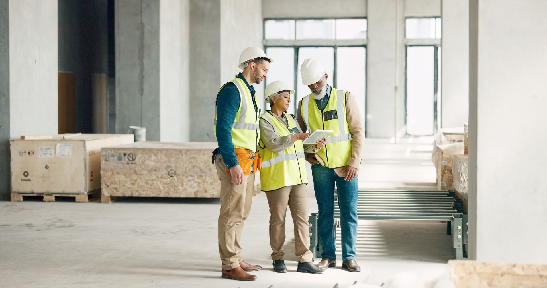 Three construction workers in hard hats review plans at a building site