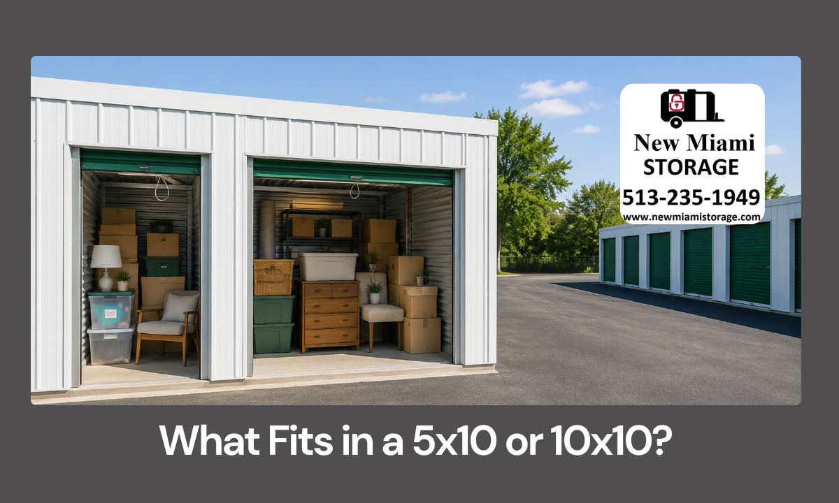 Comparison of 5x10 and 10x10 storage units with boxes, totes, and furniture inside
