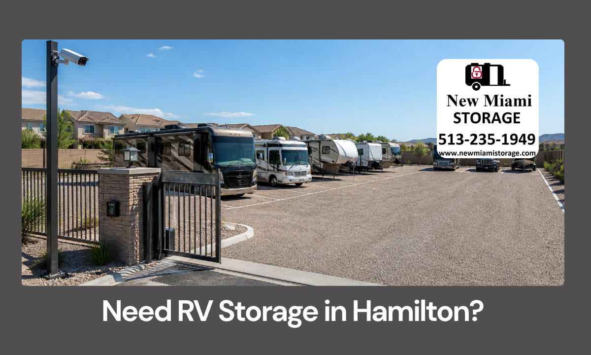 Secure outdoor RV storage spaces in Hamilton, Ohio with neatly parked vehicles and wide drive aisles