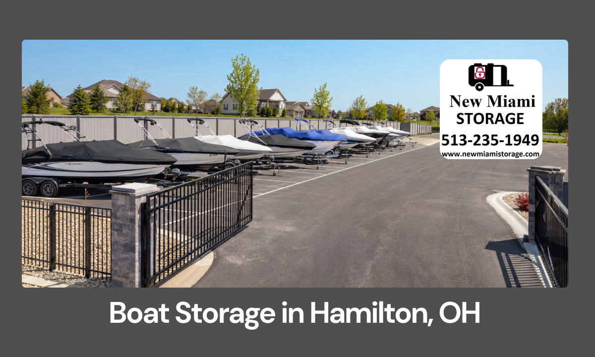 Outdoor boat storage spaces with boats on trailers parked in an organized lot
