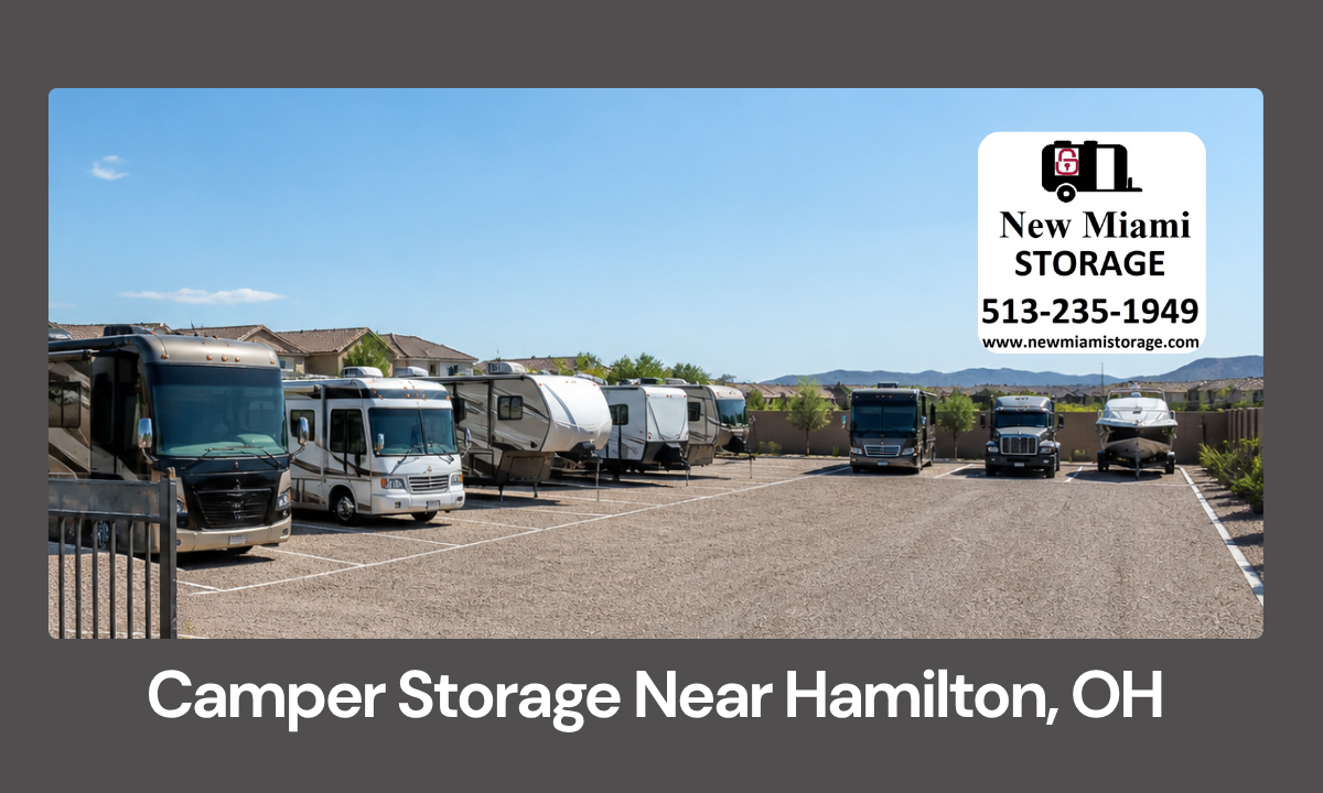 Campers and travel trailers parked in an organized outdoor storage lot near Hamilton OH with aisles