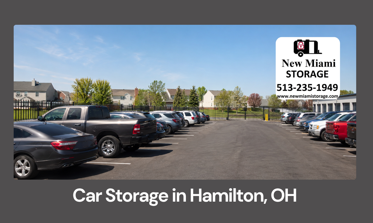 Outdoor car storage spaces with cars and trucks parked in an organized lot in Hamilton OH
