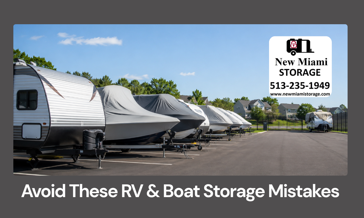 RV and boat trailers parked neatly in outdoor storage with covers and wide drive aisles
