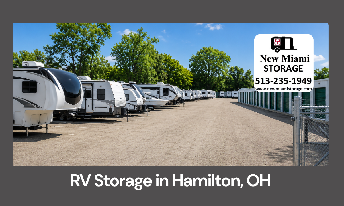 RVs and campers parked in an organized outdoor storage lot in Hamilton OH