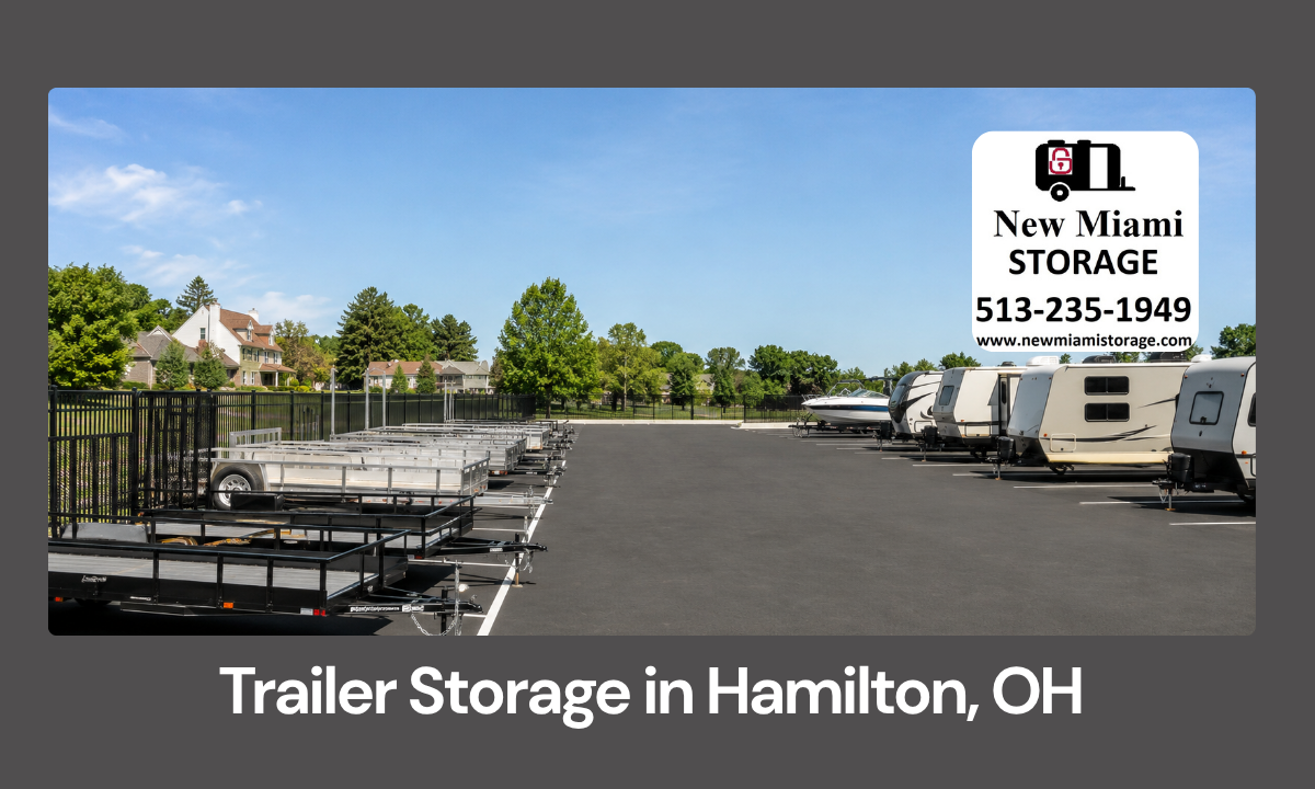 Outdoor trailer storage spaces with utility, boat, and RV trailers parked in an organized lot
