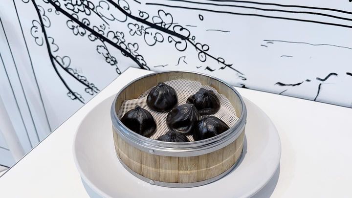 Round bamboo steamer with black dumplings on a white plate against a patterned background