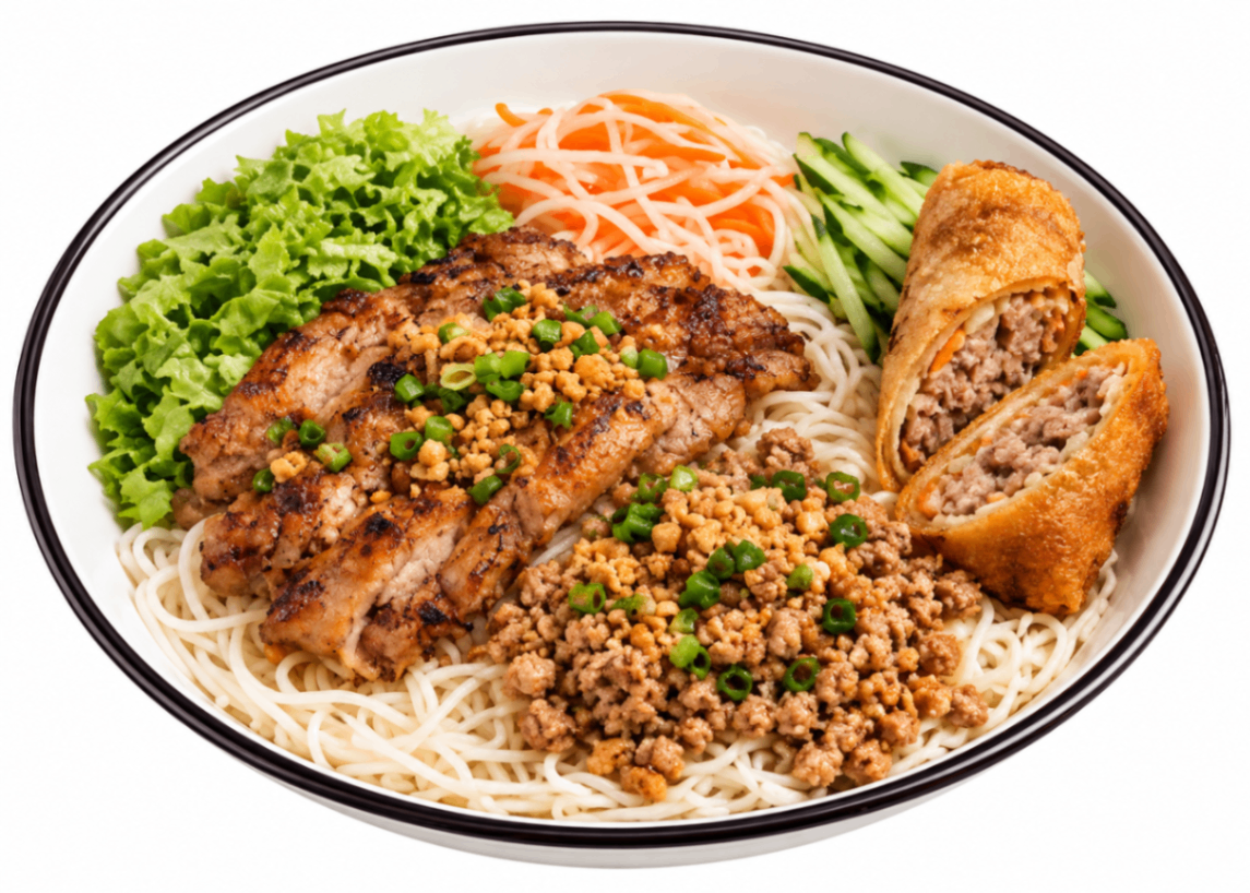 Bowl of noodle soup with sliced meat, minced topping, shredded vegetables, and fried rolls