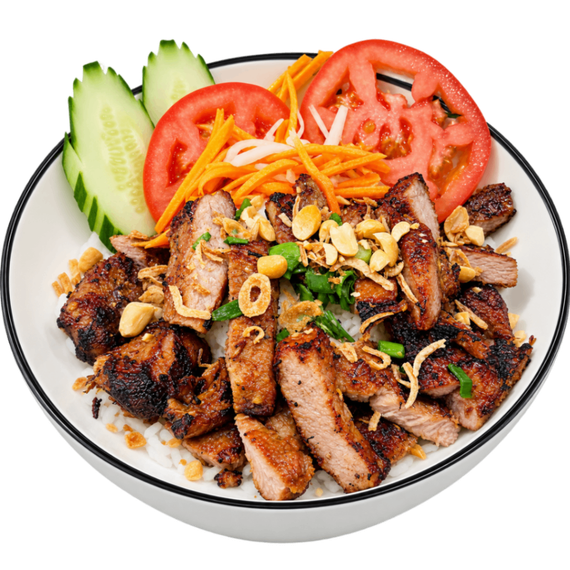 Grilled meat salad with cucumber, tomato, carrots, peanuts, and herbs on a white bowl