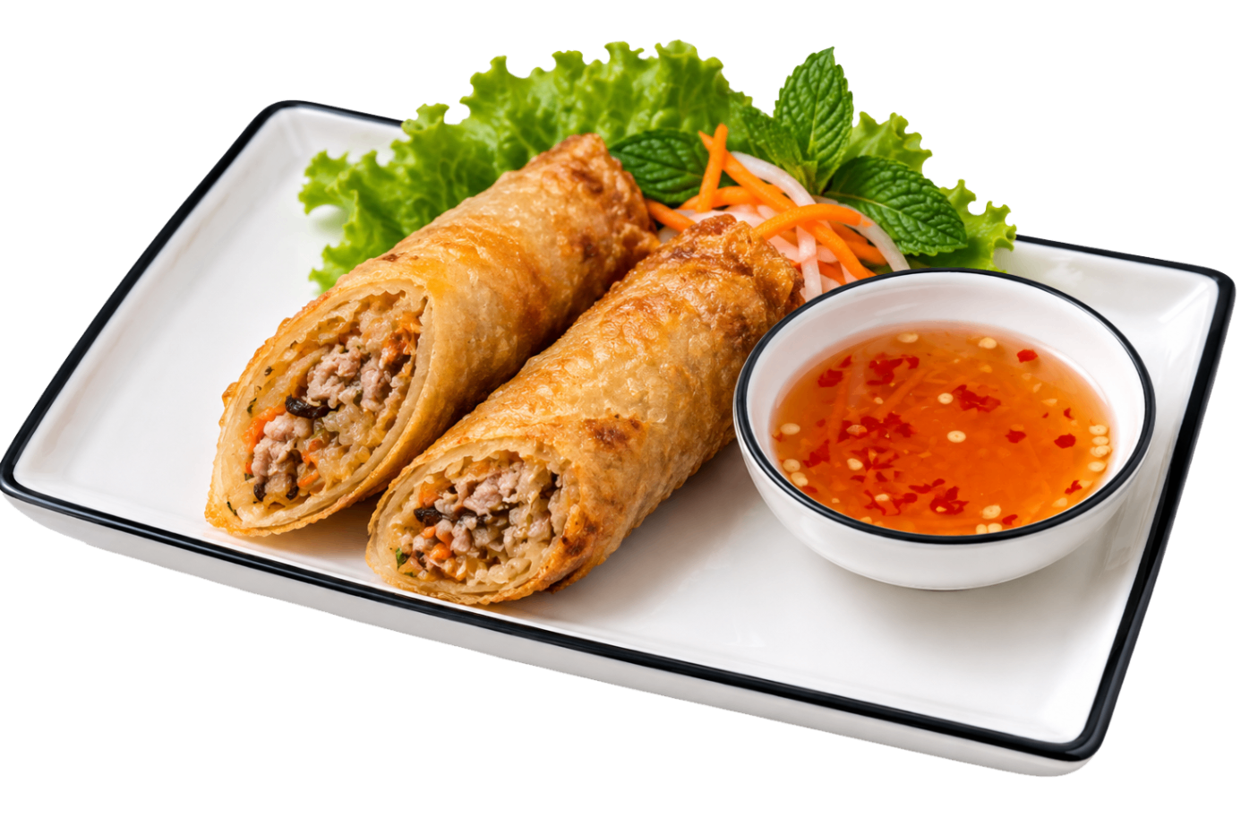Two crispy spring rolls with dipping sauce on a white plate, garnished with lettuce and carrot strips
