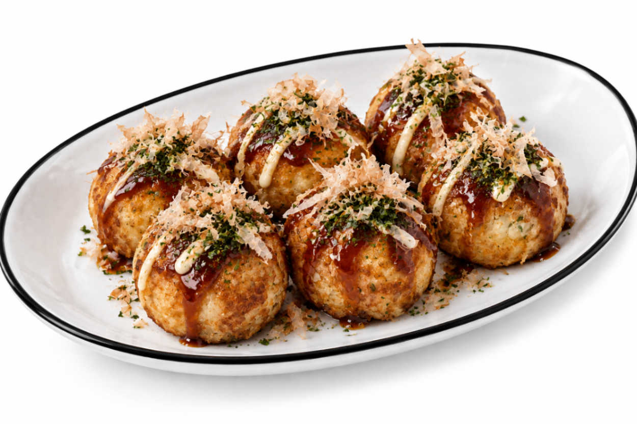 Plate of takoyaki topped with sauce, mayonnaise, bonito flakes, and green herbs