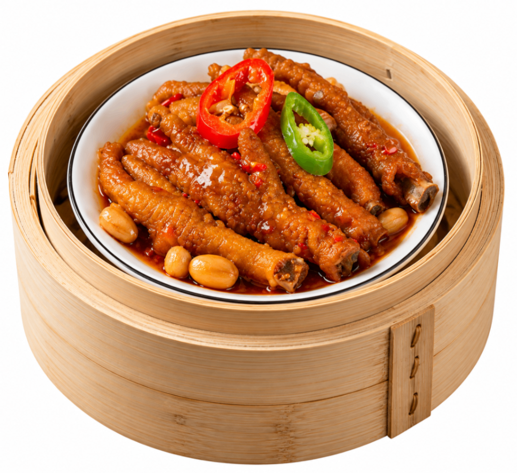 Braised chicken feet with chili slices in a bamboo steamer bowl