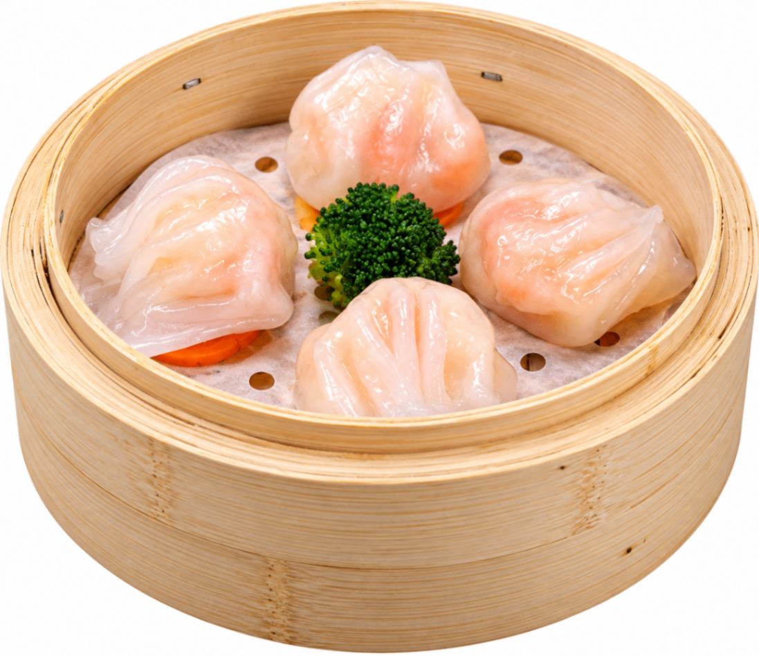 Steamed shrimp dumplings in a bamboo basket with parsley garnish